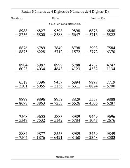 La hoja de ejercicios de Restar números de 4 dígitos de números de 4 dígitos, sin acarreo (42 preguntas) (D)