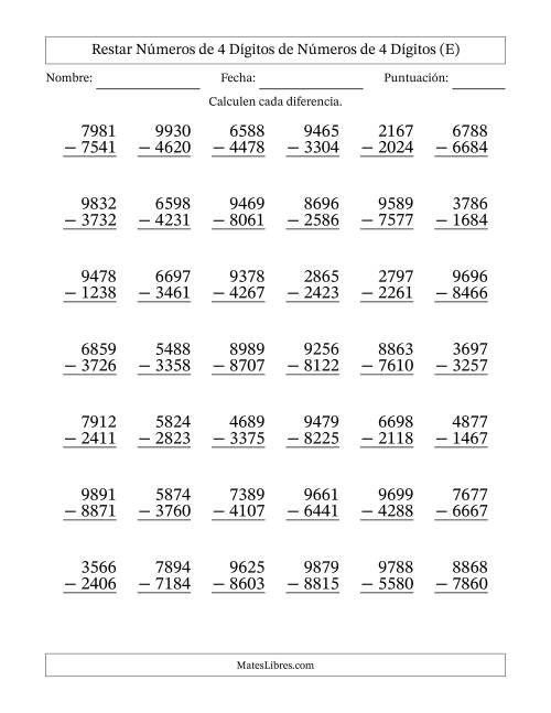 La hoja de ejercicios de Restar números de 4 dígitos de números de 4 dígitos, sin acarreo (42 preguntas) (E)