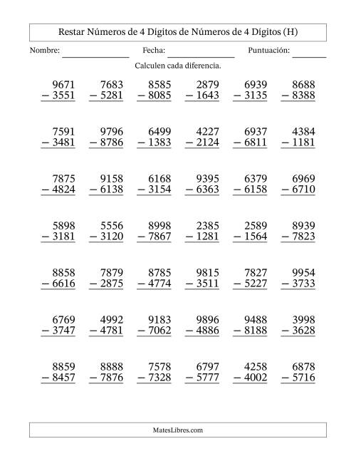 La hoja de ejercicios de Restar números de 4 dígitos de números de 4 dígitos, sin acarreo (42 preguntas) (H)