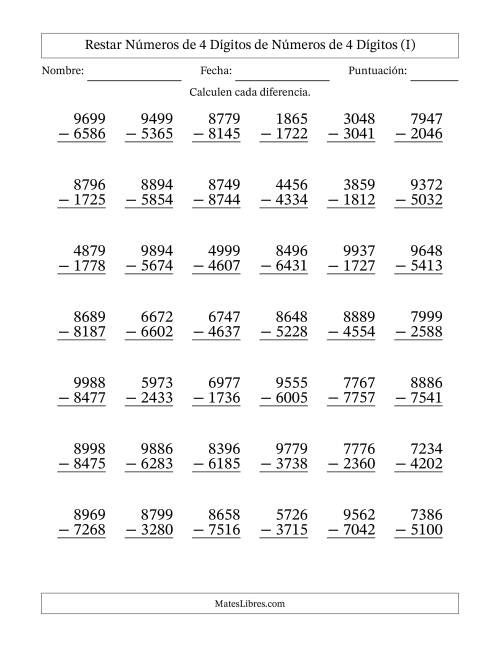 La hoja de ejercicios de Restar números de 4 dígitos de números de 4 dígitos, sin acarreo (42 preguntas) (I)