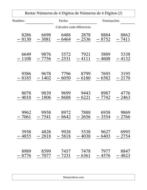 La hoja de ejercicios de Restar números de 4 dígitos de números de 4 dígitos, sin acarreo (42 preguntas) (J)