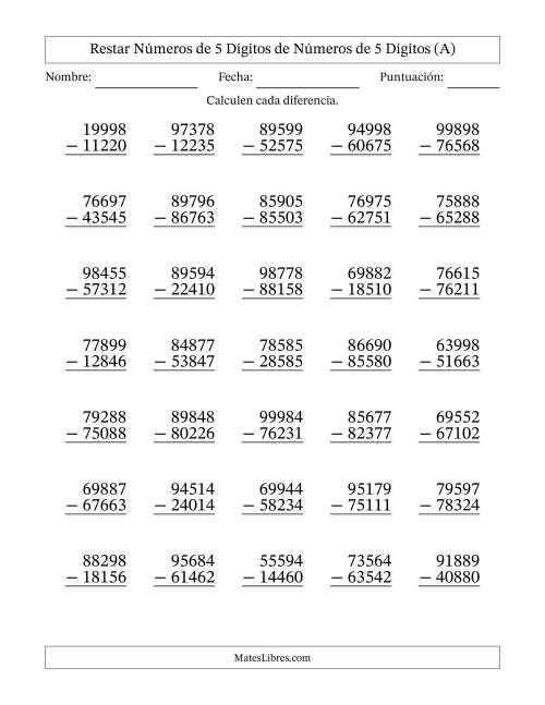 La hoja de ejercicios de Restar números de 5 dígitos de números de 5 dígitos, sin acarreo (35 preguntas) (A)