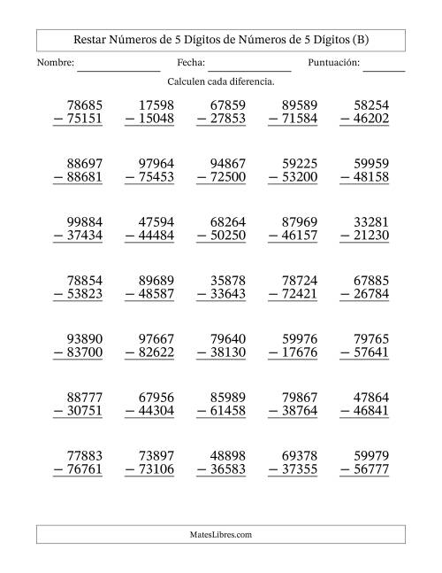 La hoja de ejercicios de Restar números de 5 dígitos de números de 5 dígitos, sin acarreo (35 preguntas) (B)