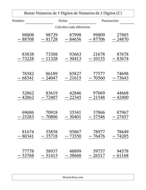 La hoja de ejercicios de Restar números de 5 dígitos de números de 5 dígitos, sin acarreo (35 preguntas) (C)