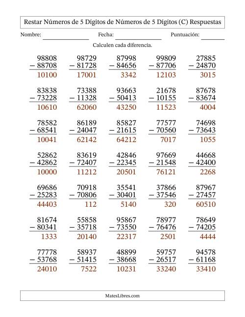La hoja de ejercicios de Restar números de 5 dígitos de números de 5 dígitos, sin acarreo (35 preguntas) (C) Página 2