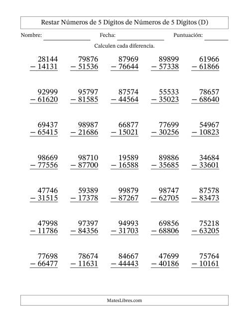 La hoja de ejercicios de Restar números de 5 dígitos de números de 5 dígitos, sin acarreo (35 preguntas) (D)