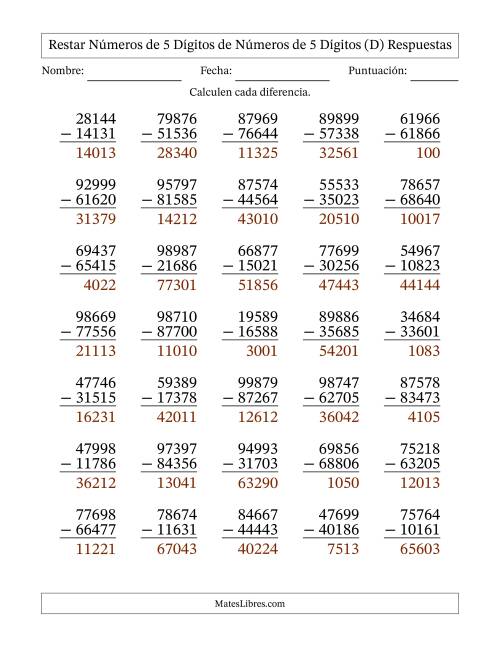 La hoja de ejercicios de Restar números de 5 dígitos de números de 5 dígitos, sin acarreo (35 preguntas) (D) Página 2