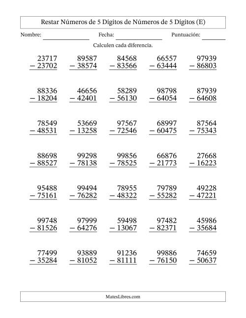 La hoja de ejercicios de Restar números de 5 dígitos de números de 5 dígitos, sin acarreo (35 preguntas) (E)