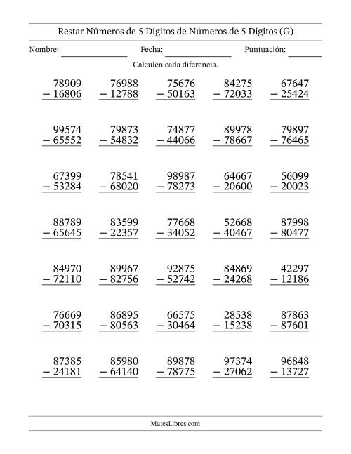 La hoja de ejercicios de Restar números de 5 dígitos de números de 5 dígitos, sin acarreo (35 preguntas) (G)