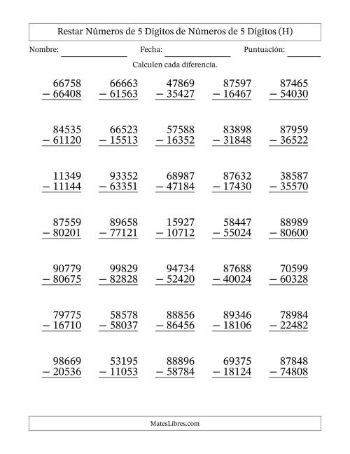 La hoja de ejercicios de Restar números de 5 dígitos de números de 5 dígitos, sin acarreo (35 preguntas) (H)