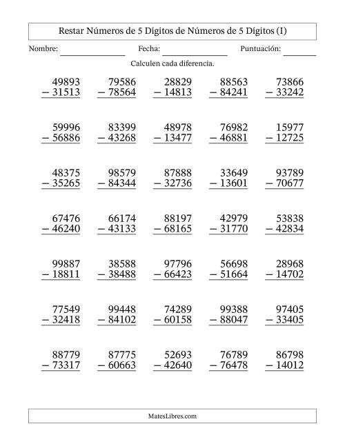 La hoja de ejercicios de Restar números de 5 dígitos de números de 5 dígitos, sin acarreo (35 preguntas) (I)