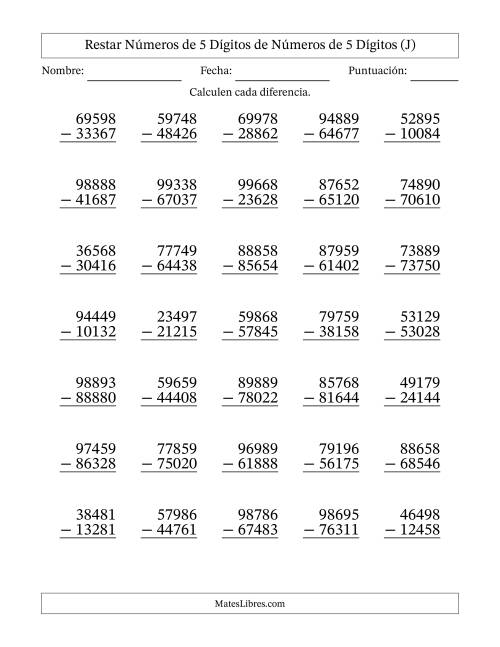 La hoja de ejercicios de Restar números de 5 dígitos de números de 5 dígitos, sin acarreo (35 preguntas) (J)