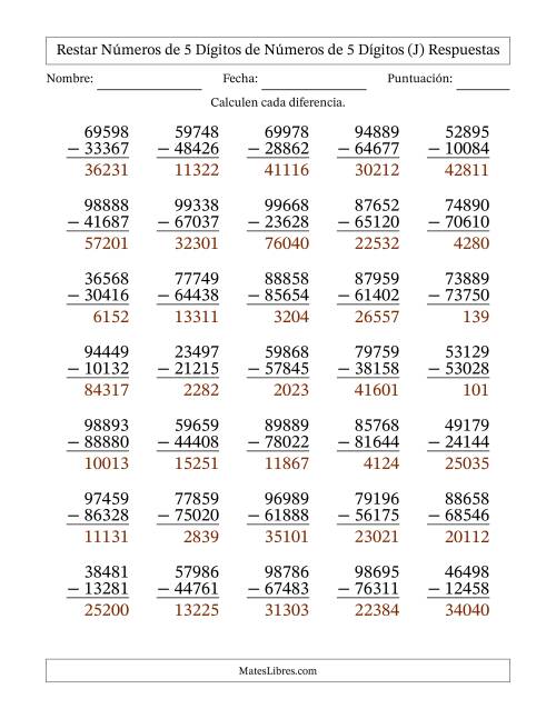 La hoja de ejercicios de Restar números de 5 dígitos de números de 5 dígitos, sin acarreo (35 preguntas) (J) Página 2