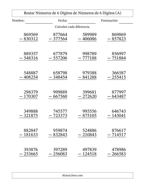 La hoja de ejercicios de Restar números de 6 dígitos de números de 6 dígitos, sin acarreo (28 preguntas) (A)