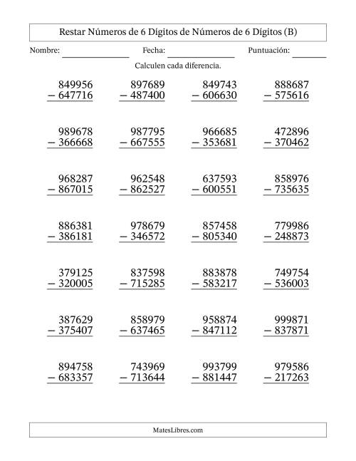 La hoja de ejercicios de Restar números de 6 dígitos de números de 6 dígitos, sin acarreo (28 preguntas) (B)