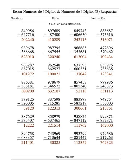 La hoja de ejercicios de Restar números de 6 dígitos de números de 6 dígitos, sin acarreo (28 preguntas) (B) Página 2