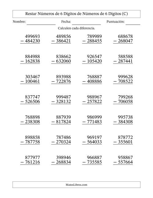 La hoja de ejercicios de Restar números de 6 dígitos de números de 6 dígitos, sin acarreo (28 preguntas) (C)