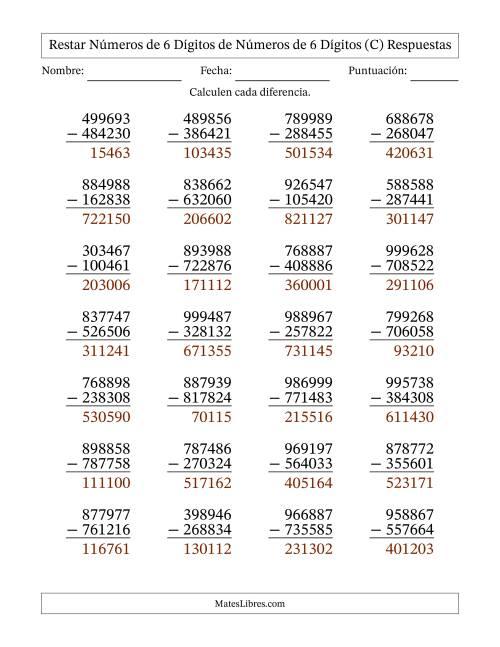La hoja de ejercicios de Restar números de 6 dígitos de números de 6 dígitos, sin acarreo (28 preguntas) (C) Página 2
