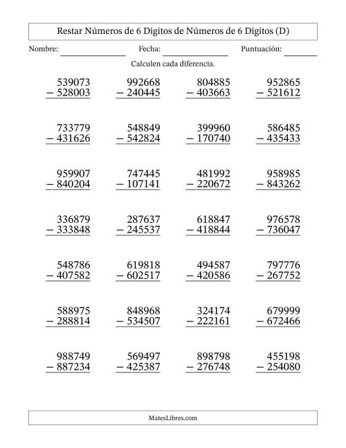 La hoja de ejercicios de Restar números de 6 dígitos de números de 6 dígitos, sin acarreo (28 preguntas) (D)