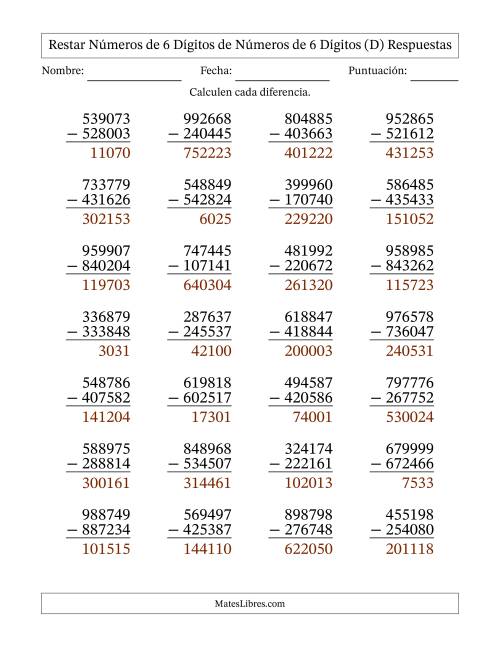 La hoja de ejercicios de Restar números de 6 dígitos de números de 6 dígitos, sin acarreo (28 preguntas) (D) Página 2