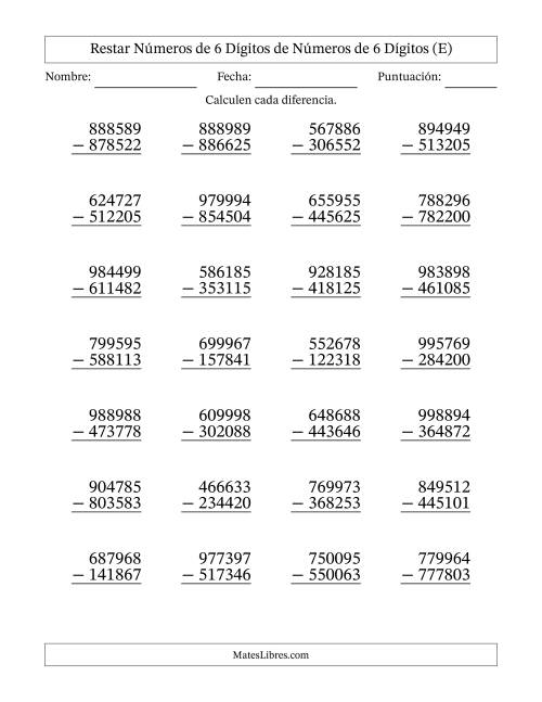 La hoja de ejercicios de Restar números de 6 dígitos de números de 6 dígitos, sin acarreo (28 preguntas) (E)