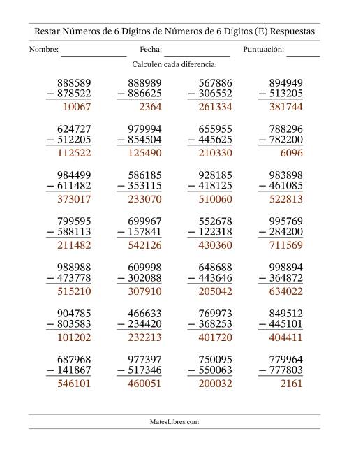 La hoja de ejercicios de Restar números de 6 dígitos de números de 6 dígitos, sin acarreo (28 preguntas) (E) Página 2