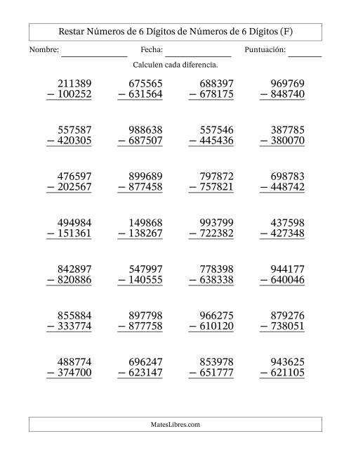 La hoja de ejercicios de Restar números de 6 dígitos de números de 6 dígitos, sin acarreo (28 preguntas) (F)