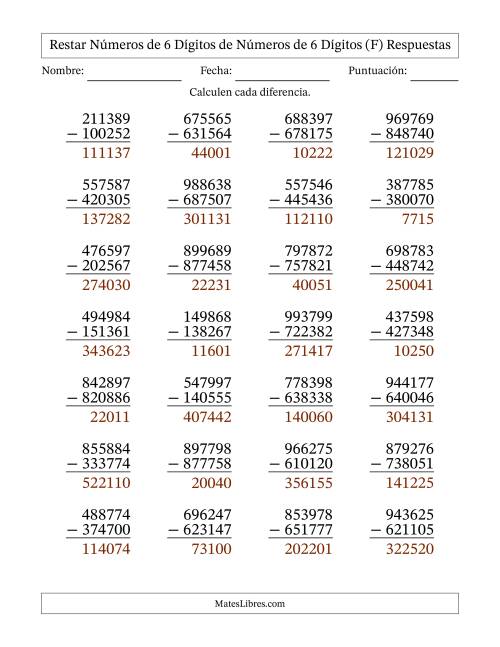 La hoja de ejercicios de Restar números de 6 dígitos de números de 6 dígitos, sin acarreo (28 preguntas) (F) Página 2