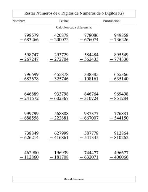 La hoja de ejercicios de Restar números de 6 dígitos de números de 6 dígitos, sin acarreo (28 preguntas) (G)