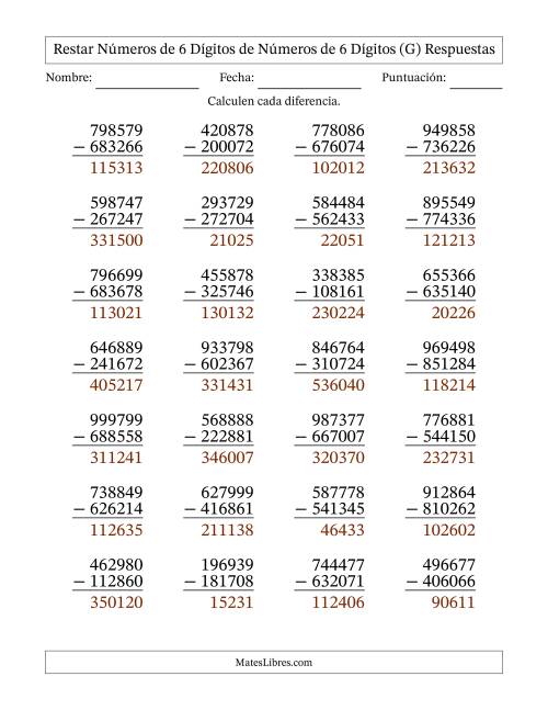 La hoja de ejercicios de Restar números de 6 dígitos de números de 6 dígitos, sin acarreo (28 preguntas) (G) Página 2