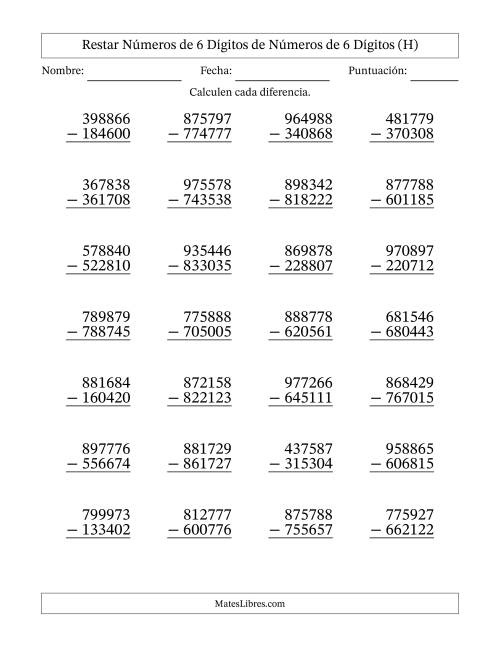 La hoja de ejercicios de Restar números de 6 dígitos de números de 6 dígitos, sin acarreo (28 preguntas) (H)