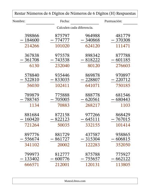 La hoja de ejercicios de Restar números de 6 dígitos de números de 6 dígitos, sin acarreo (28 preguntas) (H) Página 2