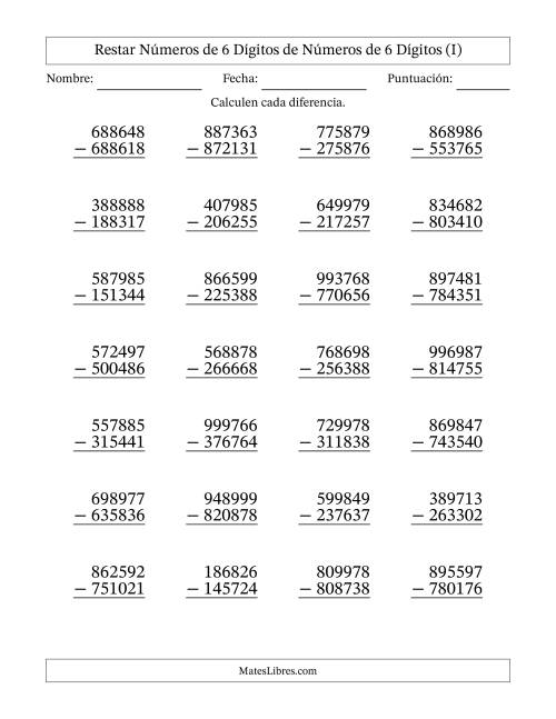 La hoja de ejercicios de Restar números de 6 dígitos de números de 6 dígitos, sin acarreo (28 preguntas) (I)