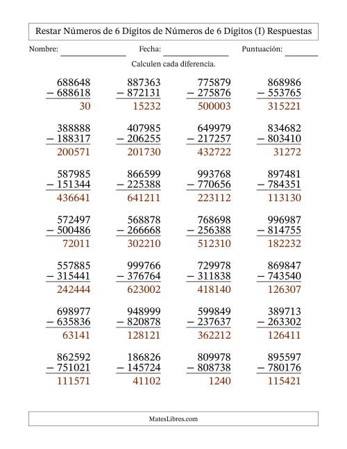 La hoja de ejercicios de Restar números de 6 dígitos de números de 6 dígitos, sin acarreo (28 preguntas) (I) Página 2