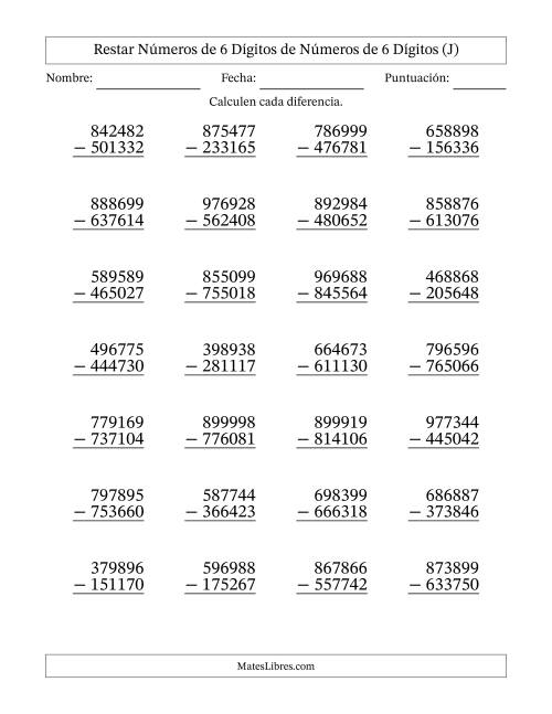 La hoja de ejercicios de Restar números de 6 dígitos de números de 6 dígitos, sin acarreo (28 preguntas) (J)
