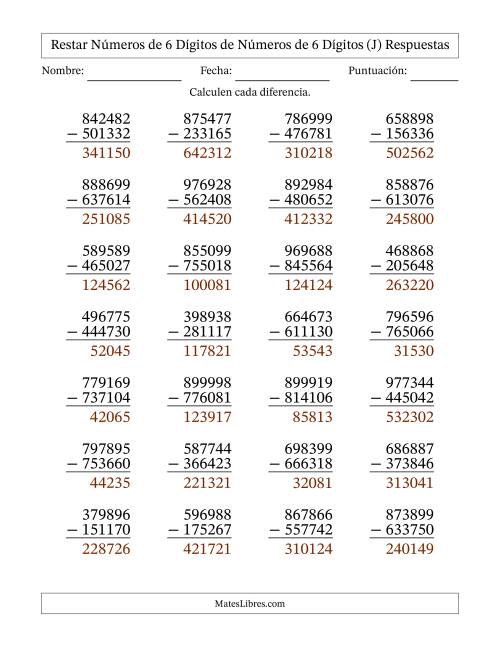 La hoja de ejercicios de Restar números de 6 dígitos de números de 6 dígitos, sin acarreo (28 preguntas) (J) Página 2