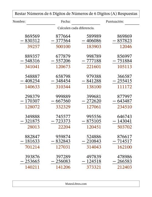 La hoja de ejercicios de Restar números de 6 dígitos de números de 6 dígitos, sin acarreo (28 preguntas) (Todas) Página 2