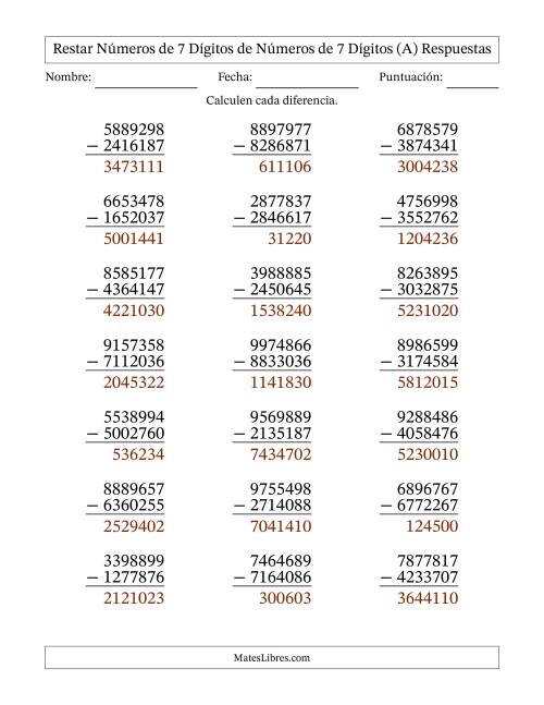 La hoja de ejercicios de Restar números de 7 dígitos de números de 7 dígitos, sin acarreo (21 preguntas) (A) Página 2