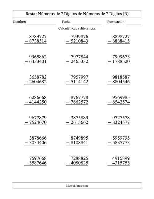 La hoja de ejercicios de Restar números de 7 dígitos de números de 7 dígitos, sin acarreo (21 preguntas) (B)