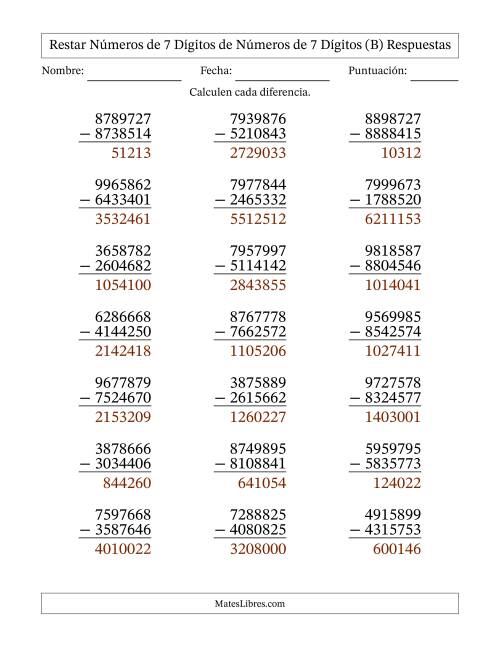 La hoja de ejercicios de Restar números de 7 dígitos de números de 7 dígitos, sin acarreo (21 preguntas) (B) Página 2