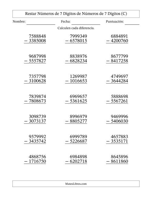 La hoja de ejercicios de Restar números de 7 dígitos de números de 7 dígitos, sin acarreo (21 preguntas) (C)