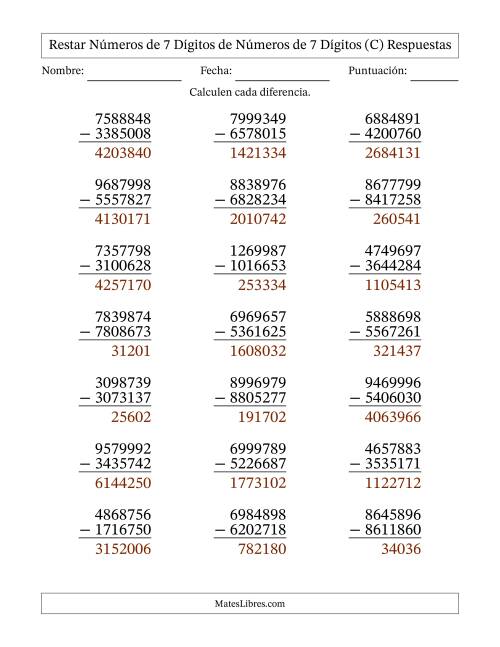 La hoja de ejercicios de Restar números de 7 dígitos de números de 7 dígitos, sin acarreo (21 preguntas) (C) Página 2