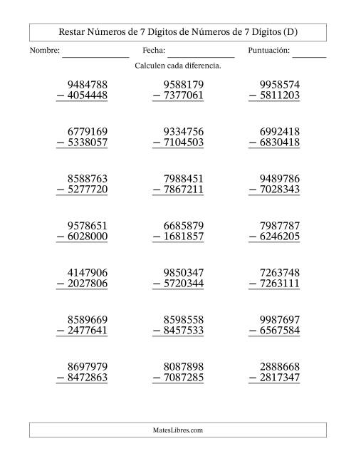 La hoja de ejercicios de Restar números de 7 dígitos de números de 7 dígitos, sin acarreo (21 preguntas) (D)