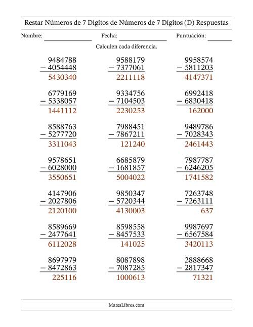 La hoja de ejercicios de Restar números de 7 dígitos de números de 7 dígitos, sin acarreo (21 preguntas) (D) Página 2