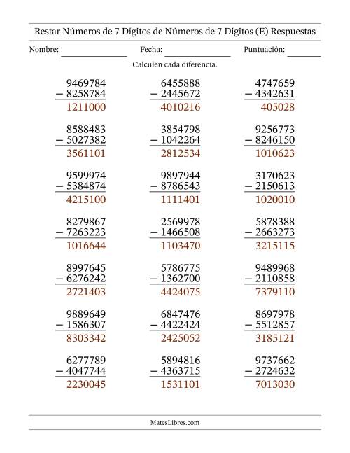 La hoja de ejercicios de Restar números de 7 dígitos de números de 7 dígitos, sin acarreo (21 preguntas) (E) Página 2