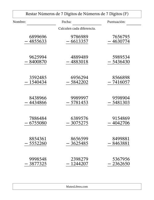 La hoja de ejercicios de Restar números de 7 dígitos de números de 7 dígitos, sin acarreo (21 preguntas) (F)