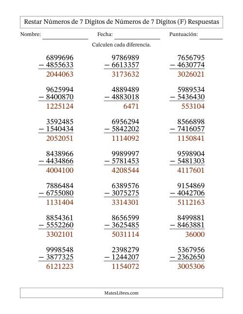 La hoja de ejercicios de Restar números de 7 dígitos de números de 7 dígitos, sin acarreo (21 preguntas) (F) Página 2