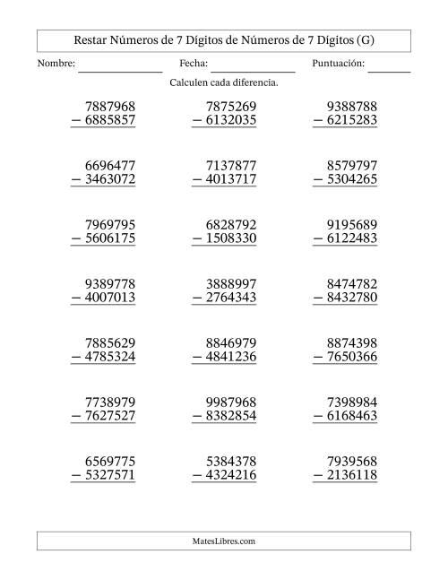 La hoja de ejercicios de Restar números de 7 dígitos de números de 7 dígitos, sin acarreo (21 preguntas) (G)
