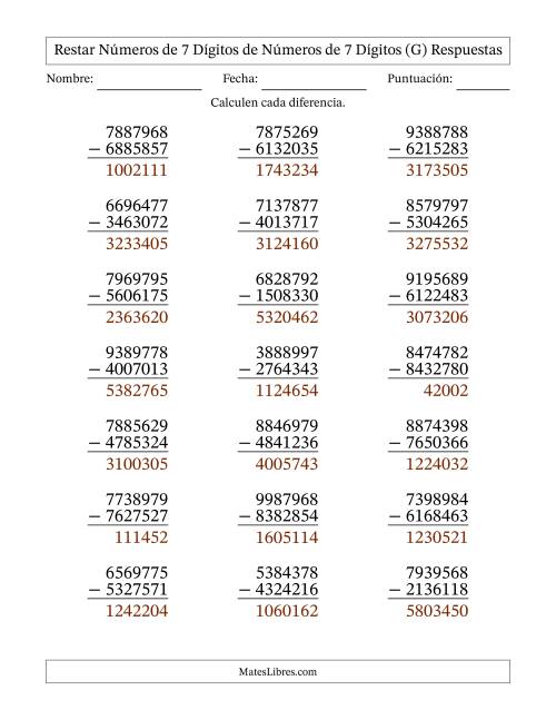 La hoja de ejercicios de Restar números de 7 dígitos de números de 7 dígitos, sin acarreo (21 preguntas) (G) Página 2