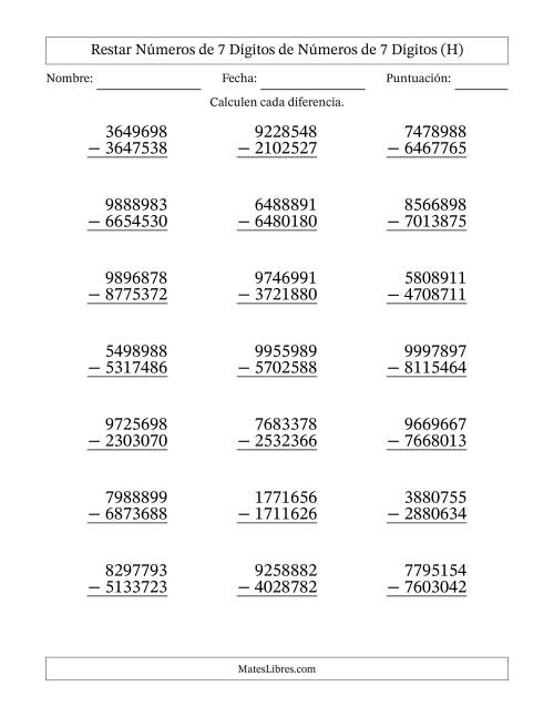 La hoja de ejercicios de Restar números de 7 dígitos de números de 7 dígitos, sin acarreo (21 preguntas) (H)